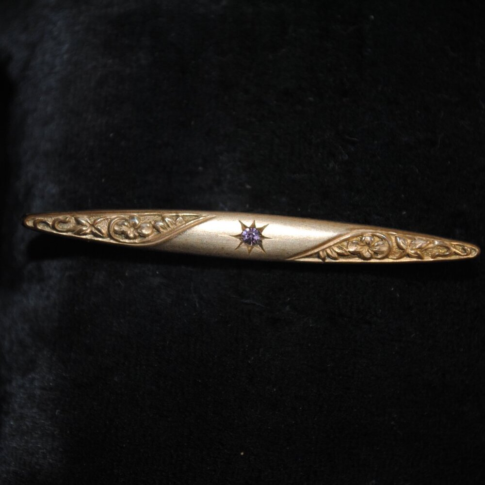 Antique Gold-filled Repousse Bar Pin / Brooch with Amethyst Glass